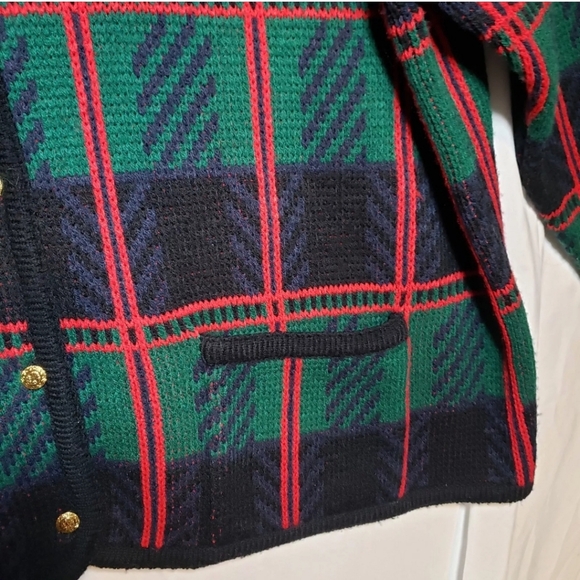 Vintage Crystal Kobe Sweater Plus 1X Green Tartan Plaid Gold Buttons Acrylic 80s - Picture 5 of 10